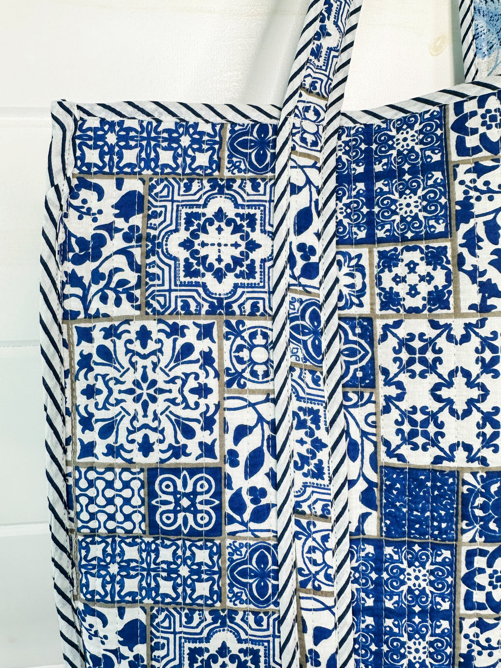 Blue and White Mosaic Print Quilted Cotton Block Print Tote Bag