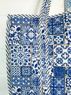 Blue and White Mosaic Print Quilted Cotton Block Print Tote Bag