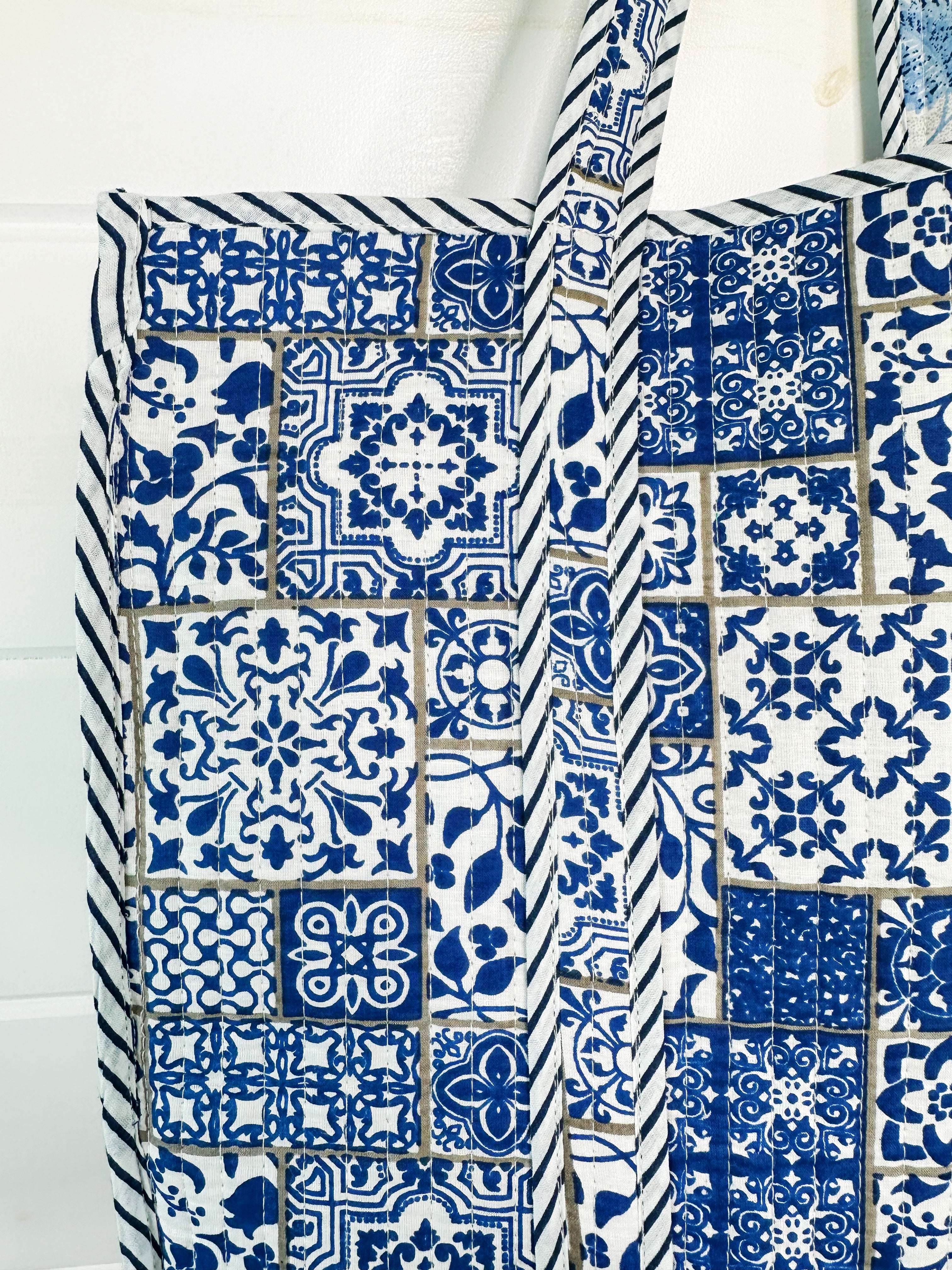 Blue and White Mosaic Print Quilted Cotton Block Print Tote Bag