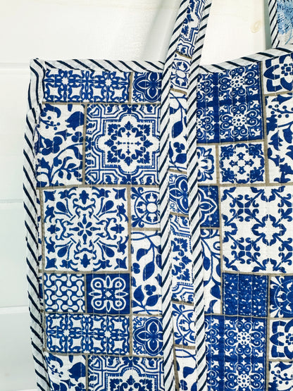 Blue and White Mosaic Print Quilted Cotton Block Print Tote Bag