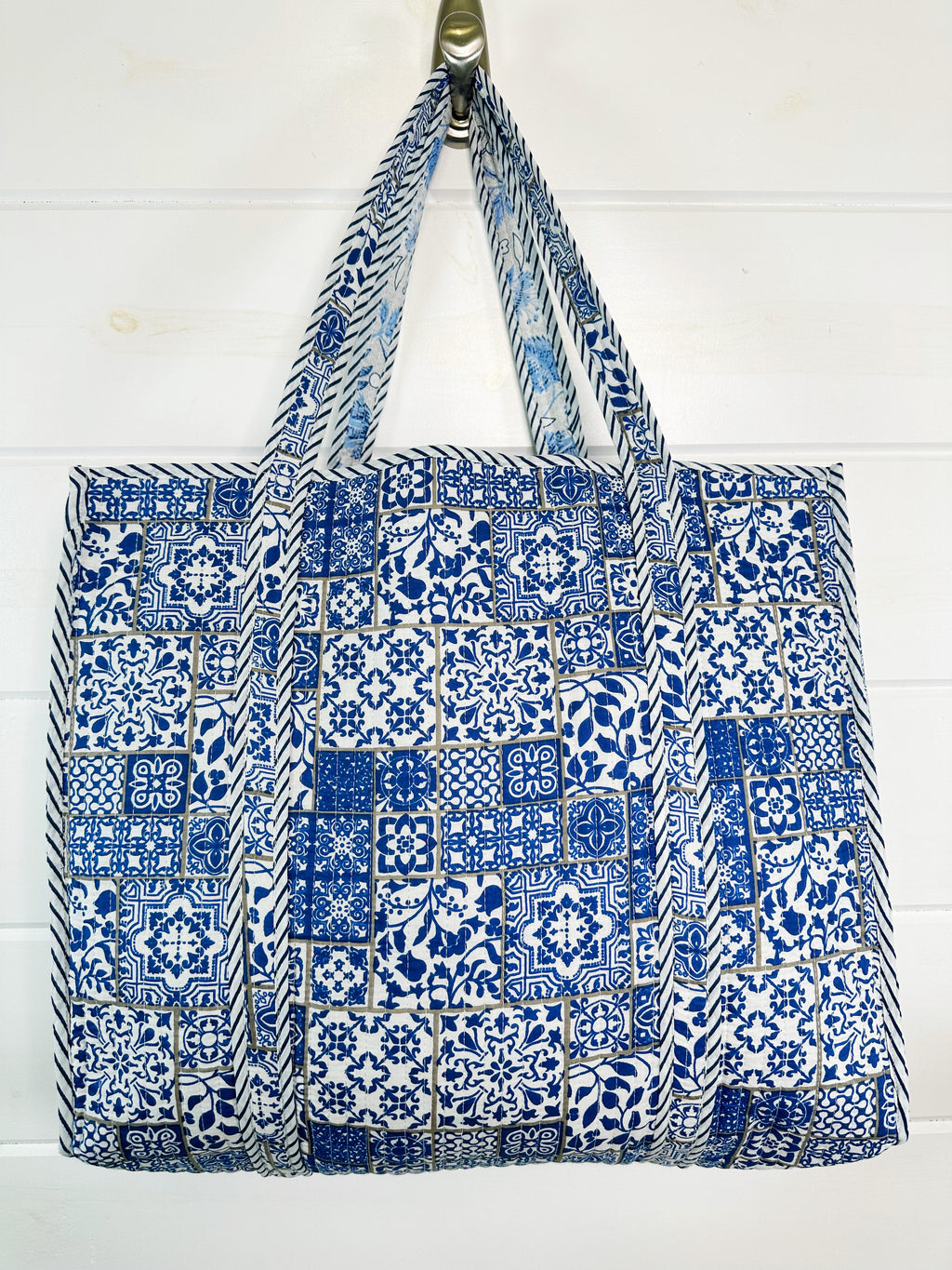 Blue and White Mosaic Print Quilted Cotton Block Print Tote Bag