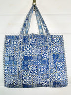 Blue and White Mosaic Print Quilted Cotton Block Print Tote Bag