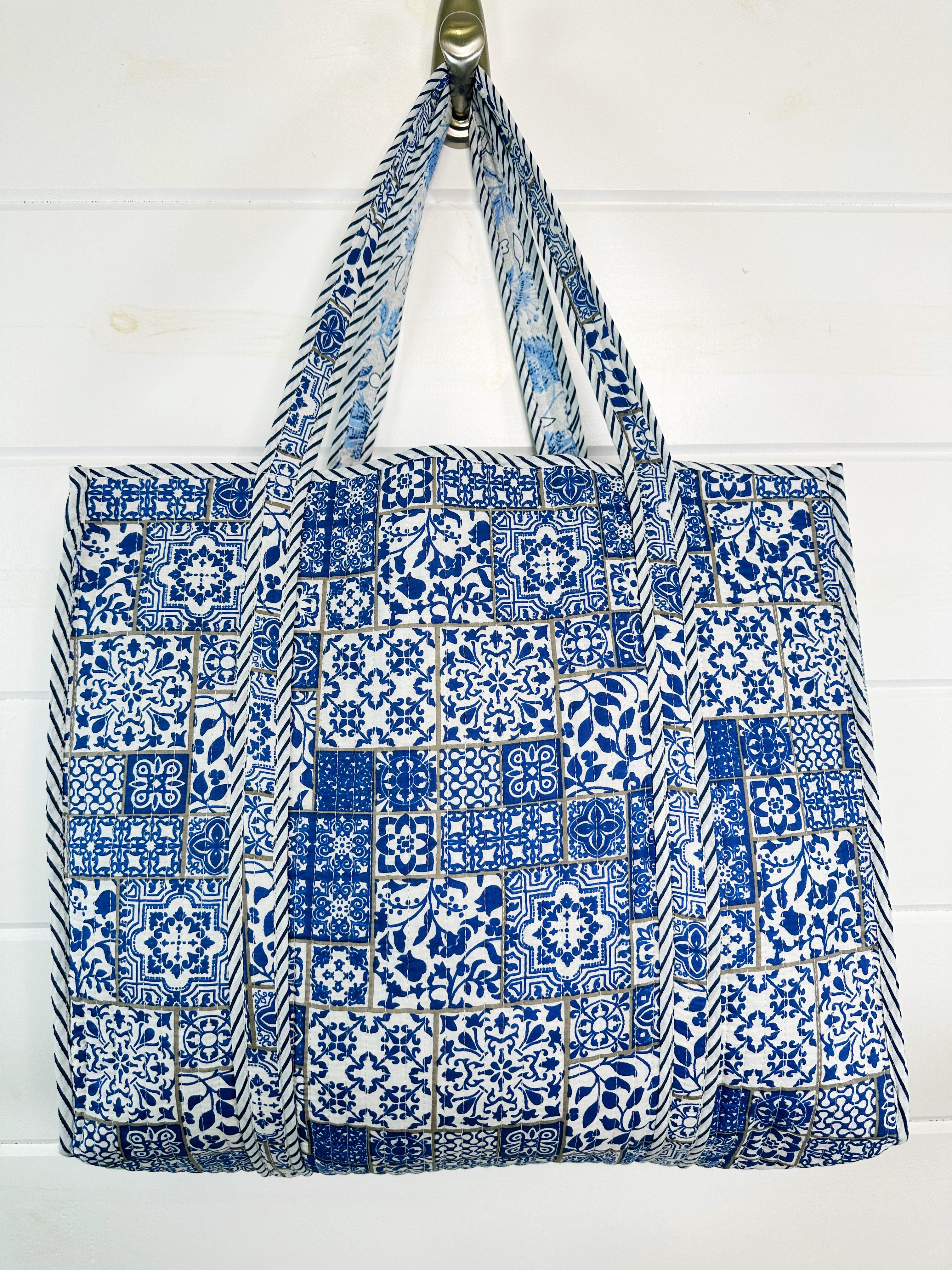 Blue and White Mosaic Print Quilted Cotton Block Print Tote Bag