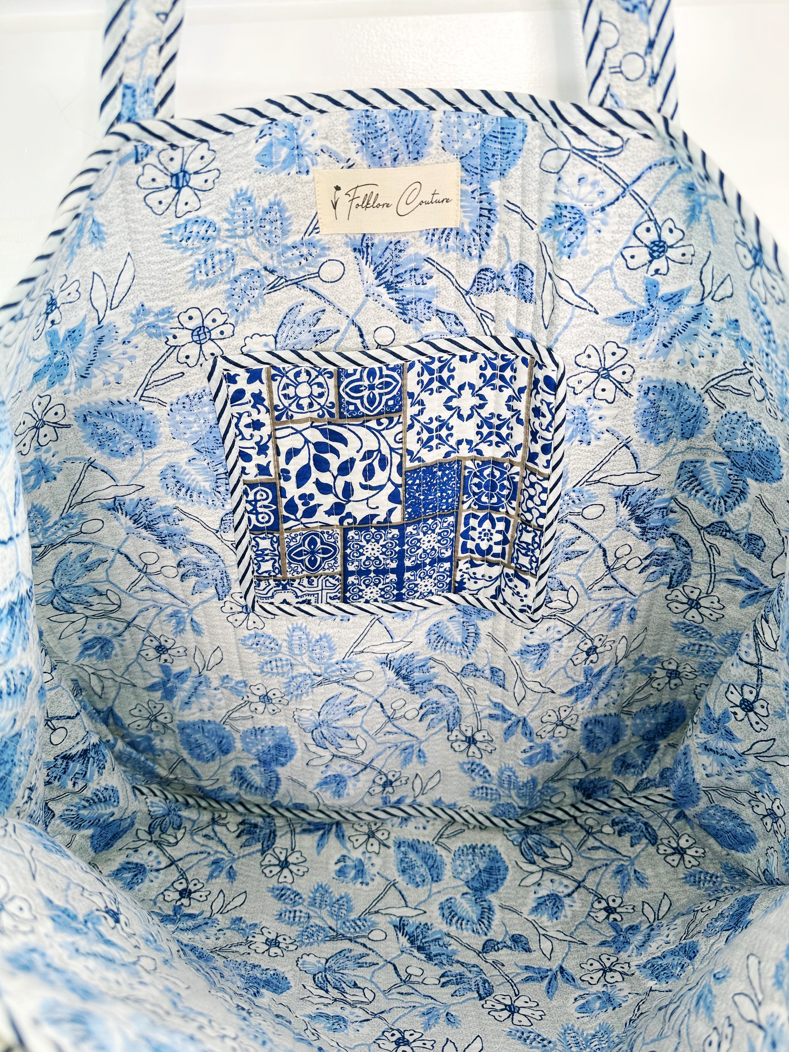 Blue and White Mosaic Print Quilted Cotton Block Print Tote Bag