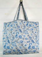 Blue and White Mosaic Print Quilted Cotton Block Print Tote Bag
