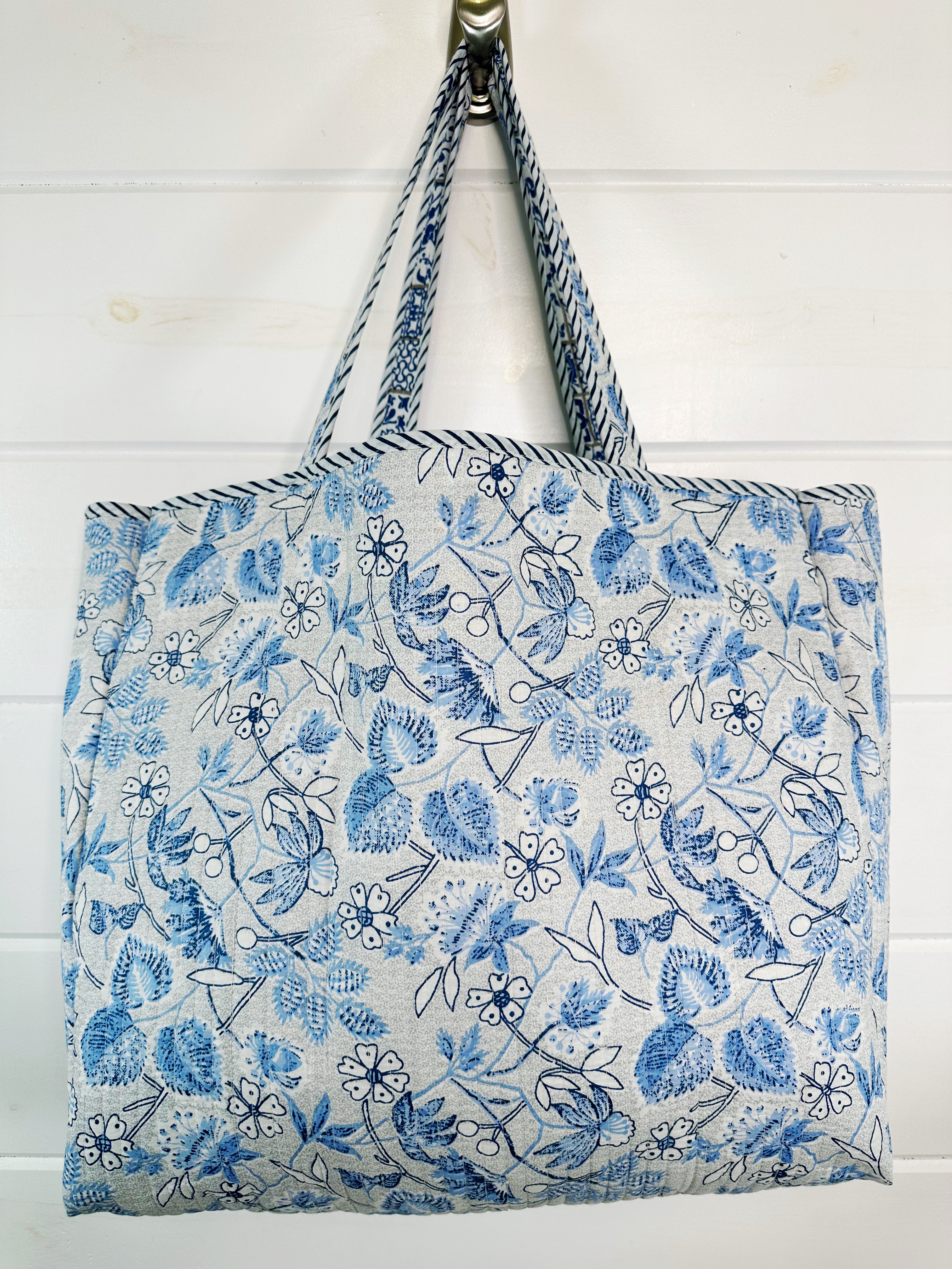 Blue and White Mosaic Print Quilted Cotton Block Print Tote Bag