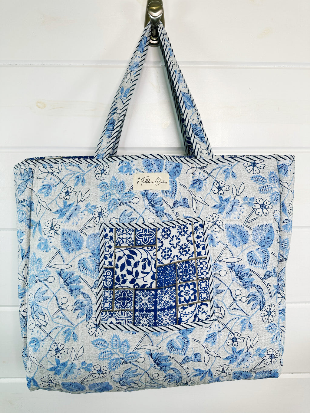 Blue and White Mosaic Print Quilted Cotton Block Print Tote Bag
