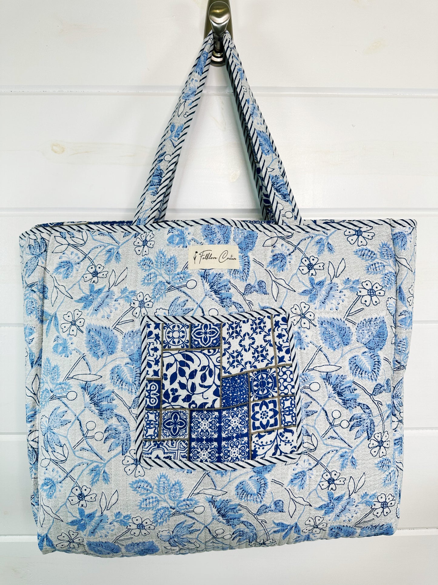 Blue and White Mosaic Print Quilted Cotton Block Print Tote Bag