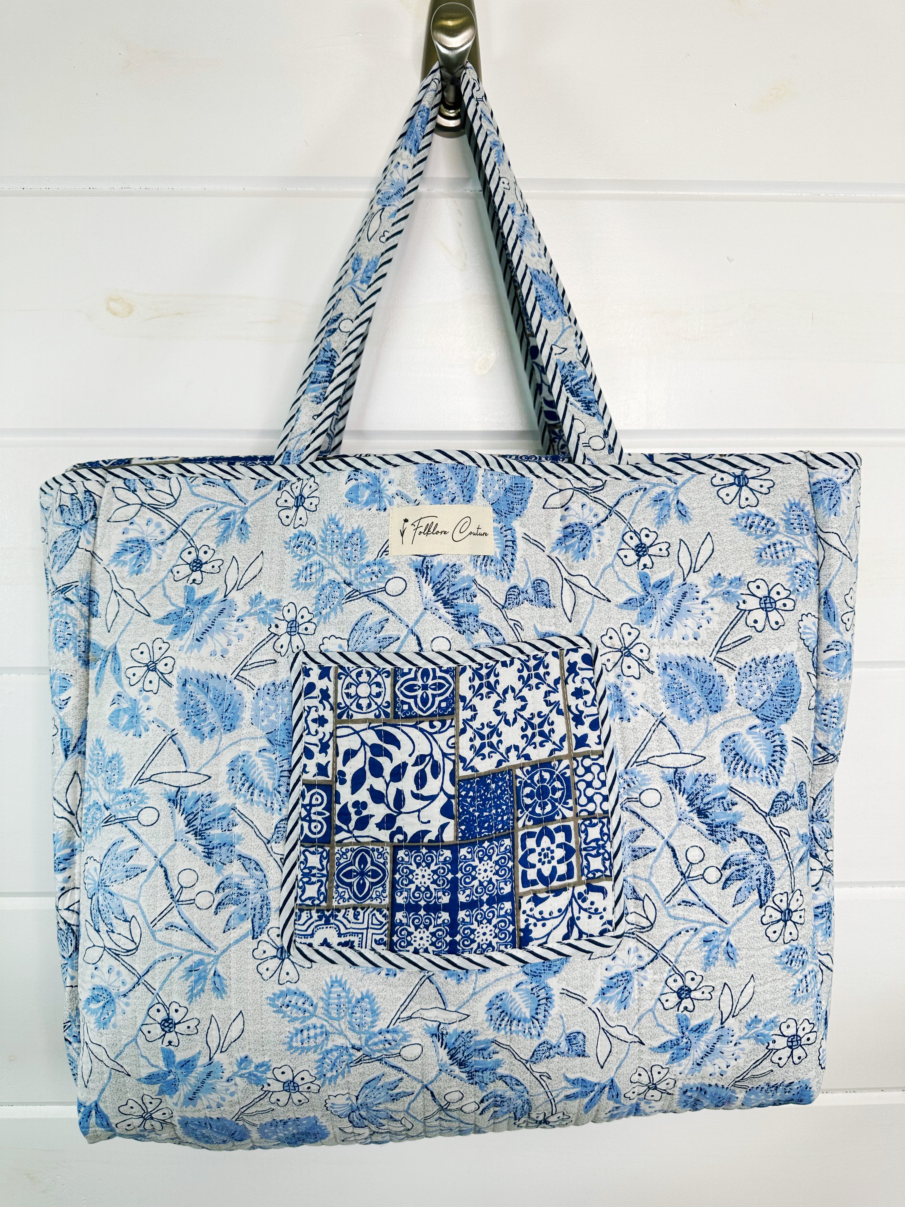 Blue and White Mosaic Print Quilted Cotton Block Print Tote Bag
