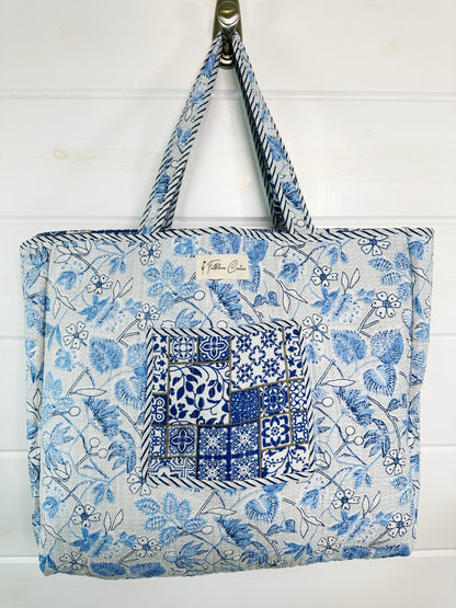 Blue and White Mosaic Print Quilted Cotton Block Print Tote Bag
