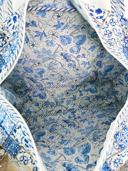 Blue and White Mosaic Print Quilted Weekender Overnight Bag