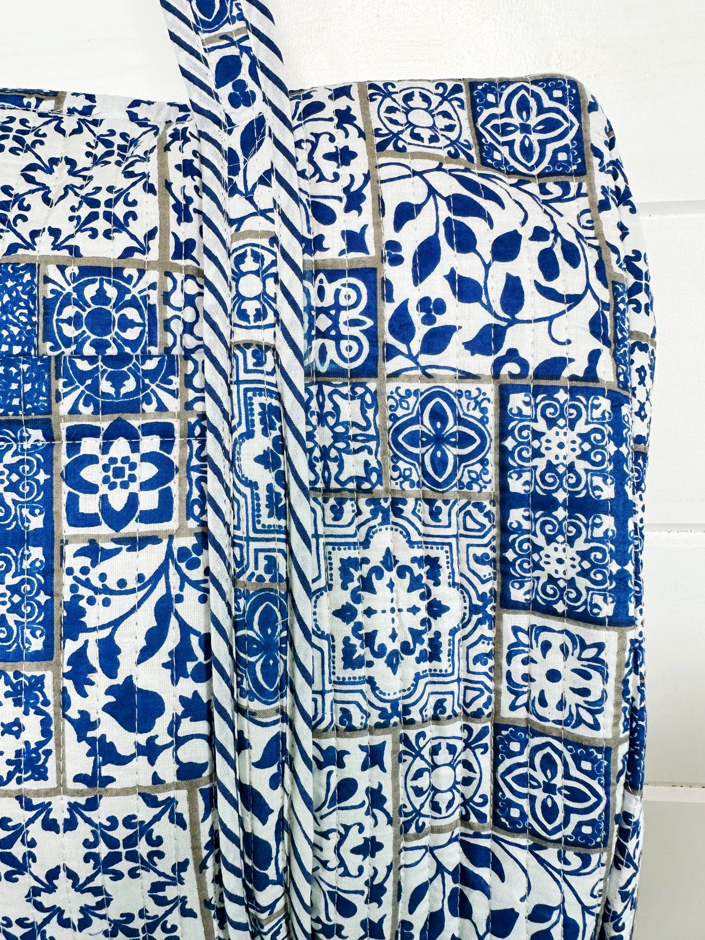 Blue and White Mosaic Print Quilted Weekender Overnight Bag