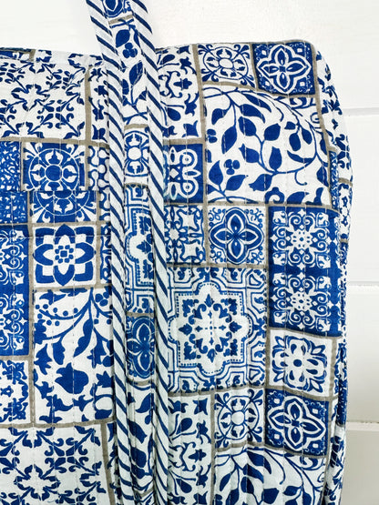 Blue and White Mosaic Print Quilted Weekender Overnight Bag
