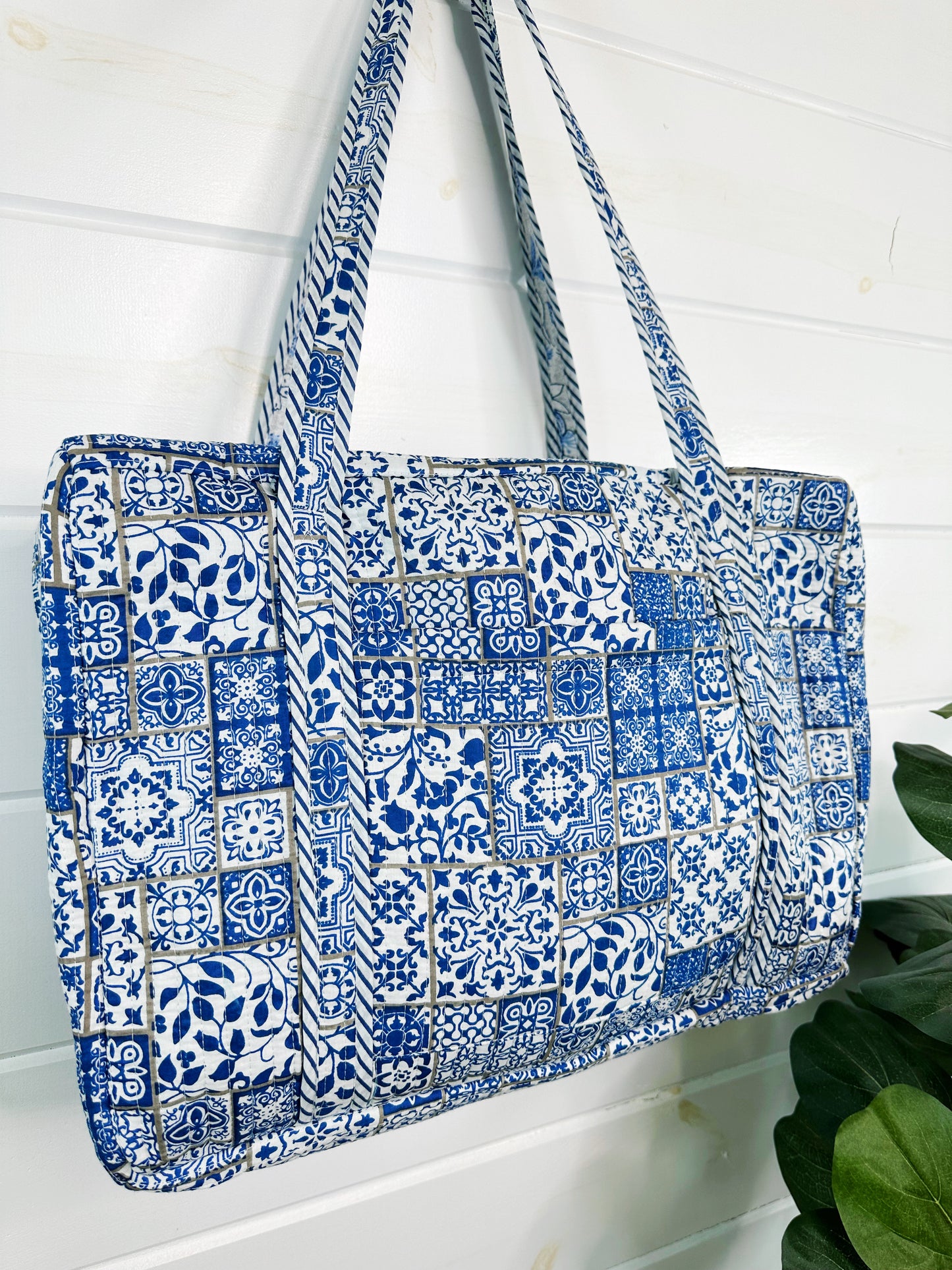 Blue and White Mosaic Print Quilted Weekender Overnight Bag