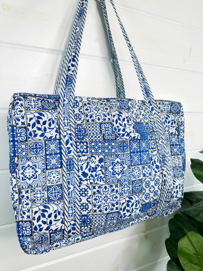 Blue and White Mosaic Print Quilted Weekender Overnight Bag