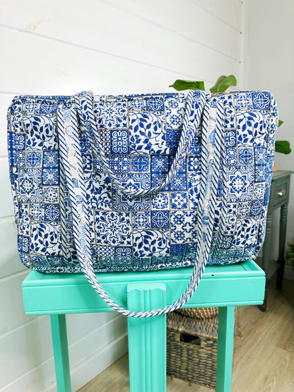 Blue and White Mosaic Print Quilted Weekender Overnight Bag