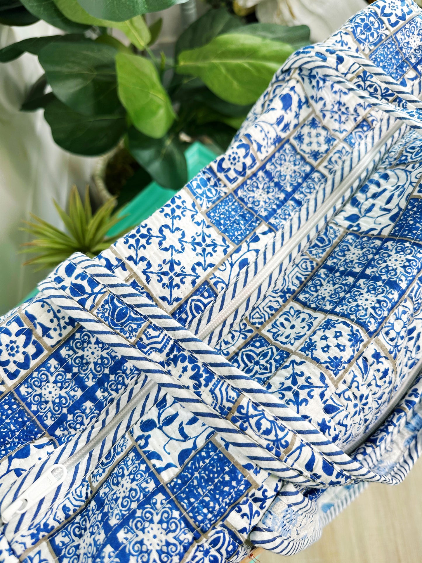 Blue and White Mosaic Print Quilted Weekender Overnight Bag