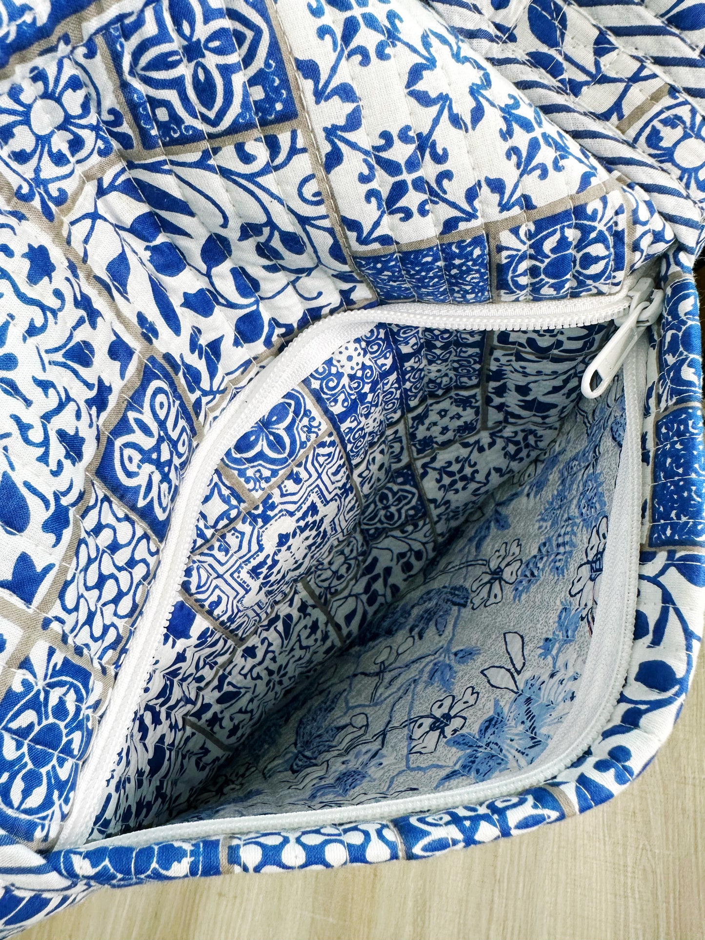 Blue and White Mosaic Print Quilted Weekender Overnight Bag