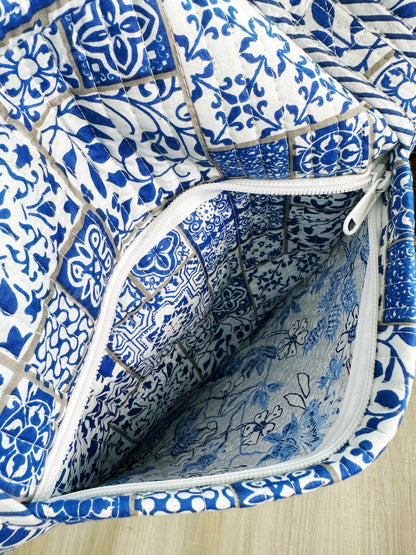 Blue and White Mosaic Print Quilted Weekender Overnight Bag