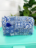 Blue and White Mosaic Print Quilted Makeup Cosmetics Toiletry Bag