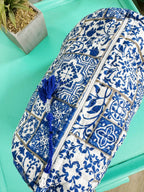 Blue and White Mosaic Print Quilted Makeup Cosmetics Toiletry Bag
