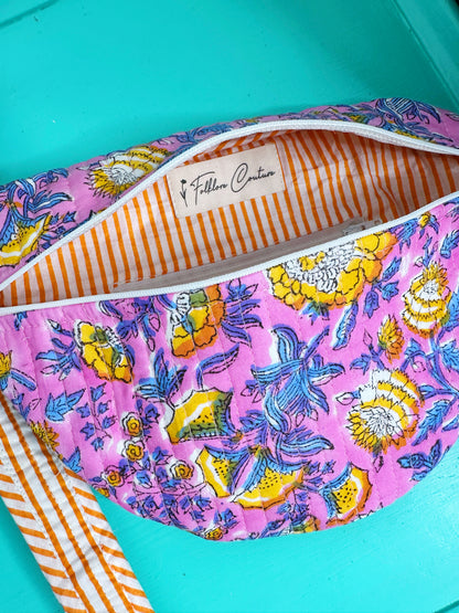 Pink and Yellow Floral Print Quilted Belt Bag Crossbody Sling Fanny Pack