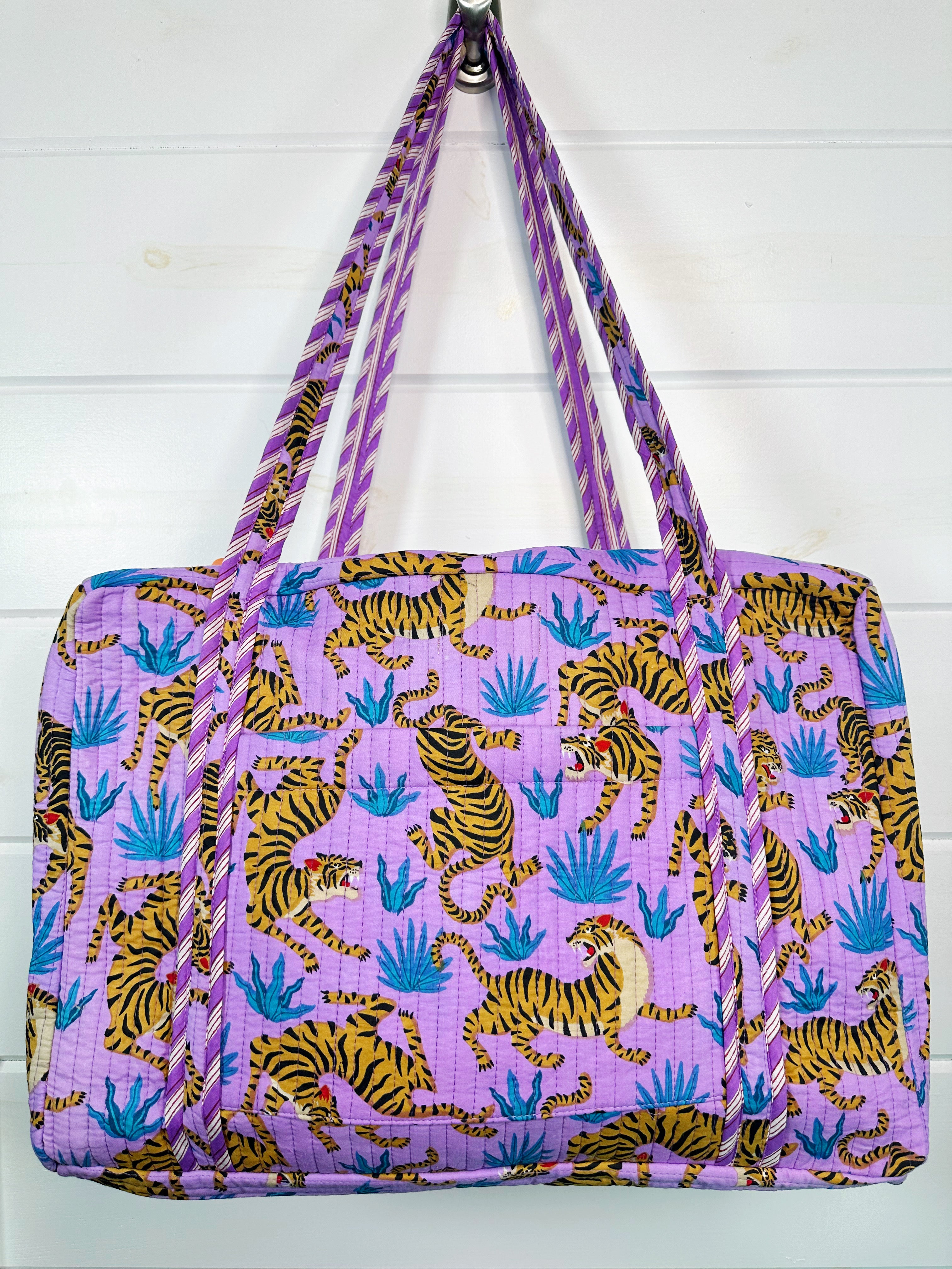 Quilted Weekender Overnight Bag - Purple Tiger Print