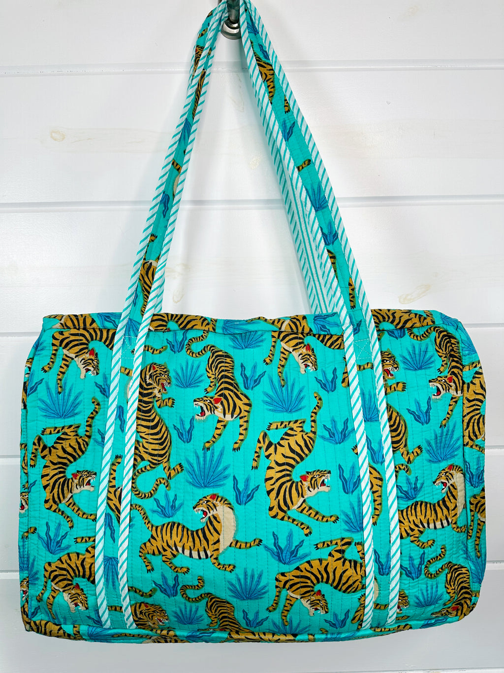 Aqua and Blue Tiger Print Quilted Weekender Overnight Bag
