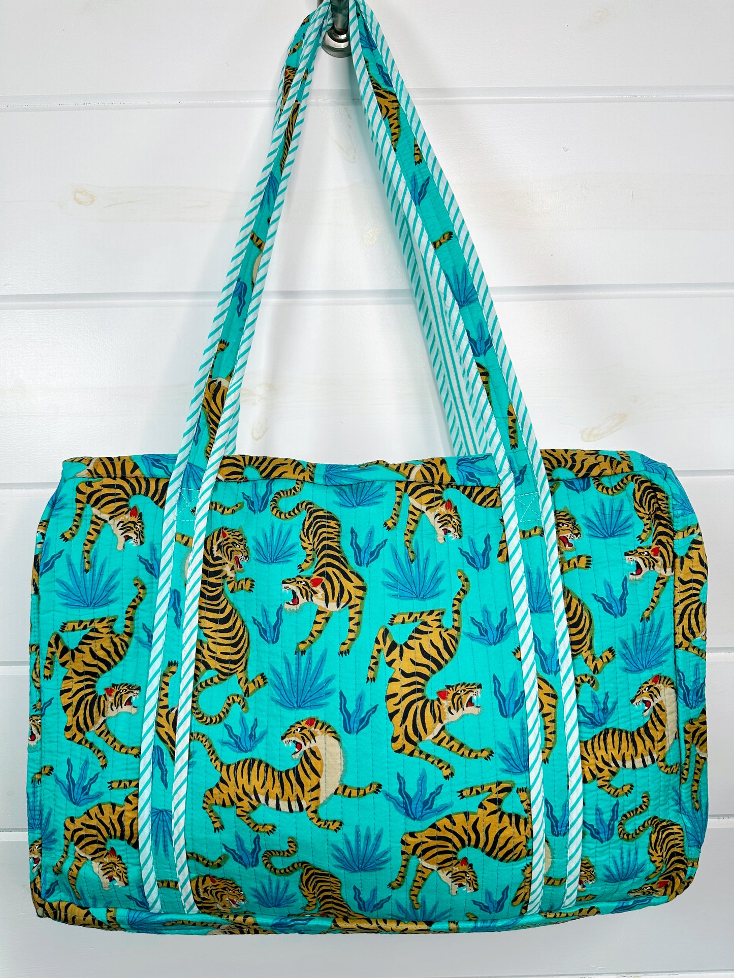 Aqua and Blue Tiger Print Quilted Weekender Overnight Bag