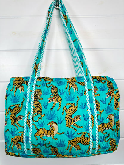 Aqua and Blue Tiger Print Quilted Weekender Overnight Bag
