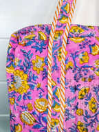 Pink and Yellow Floral Print Quilted Weekender Overnight Bag