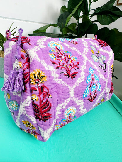 Purple Wildflower Print Quilted Makeup Cosmetics Toiletry Bag