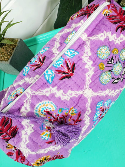 Purple Wildflower Print Quilted Makeup Cosmetics Toiletry Bag