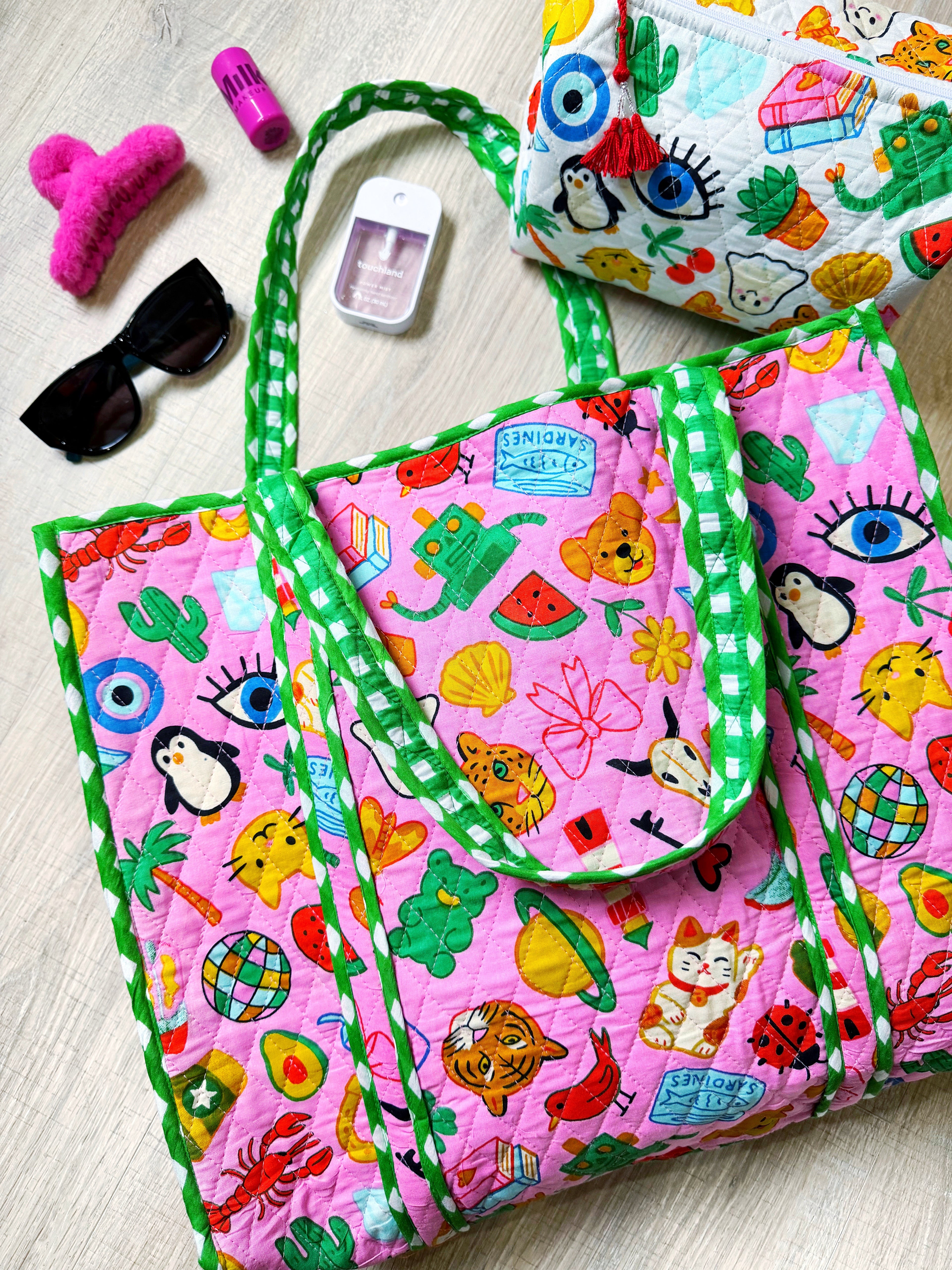 Quilted Cotton Reversible Large Tote Bag - Lucky Vibes Print Pink