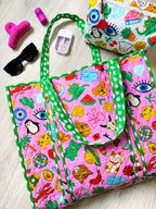 Quilted Makeup Cosmetics Toiletry Bag - Lucky Vibes Print White