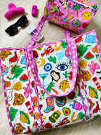 Quilted Cotton Reversible Large Tote Bag - Lucky Vibes Print White