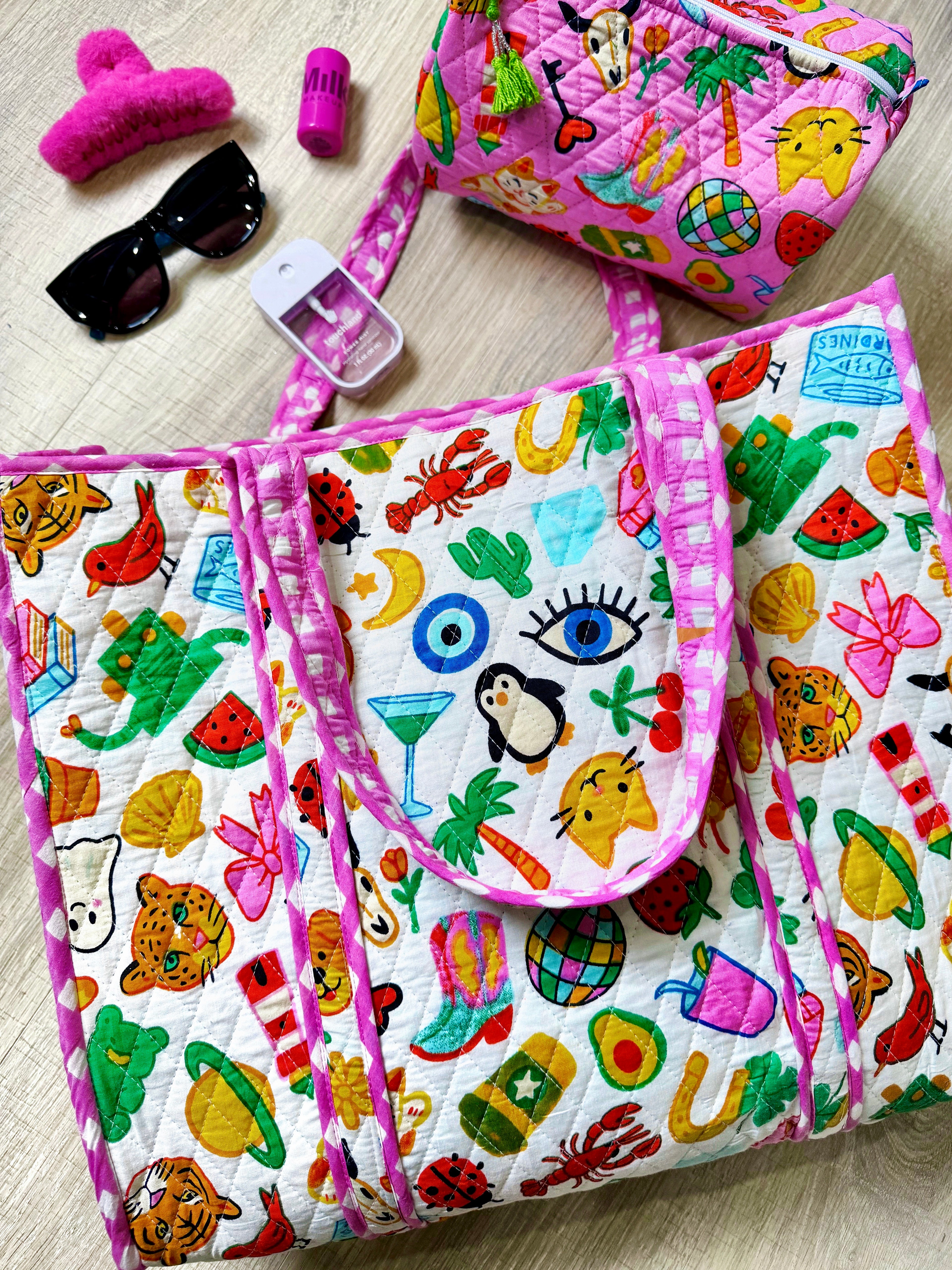 Quilted Cotton Reversible Large Tote Bag - Lucky Vibes Print White