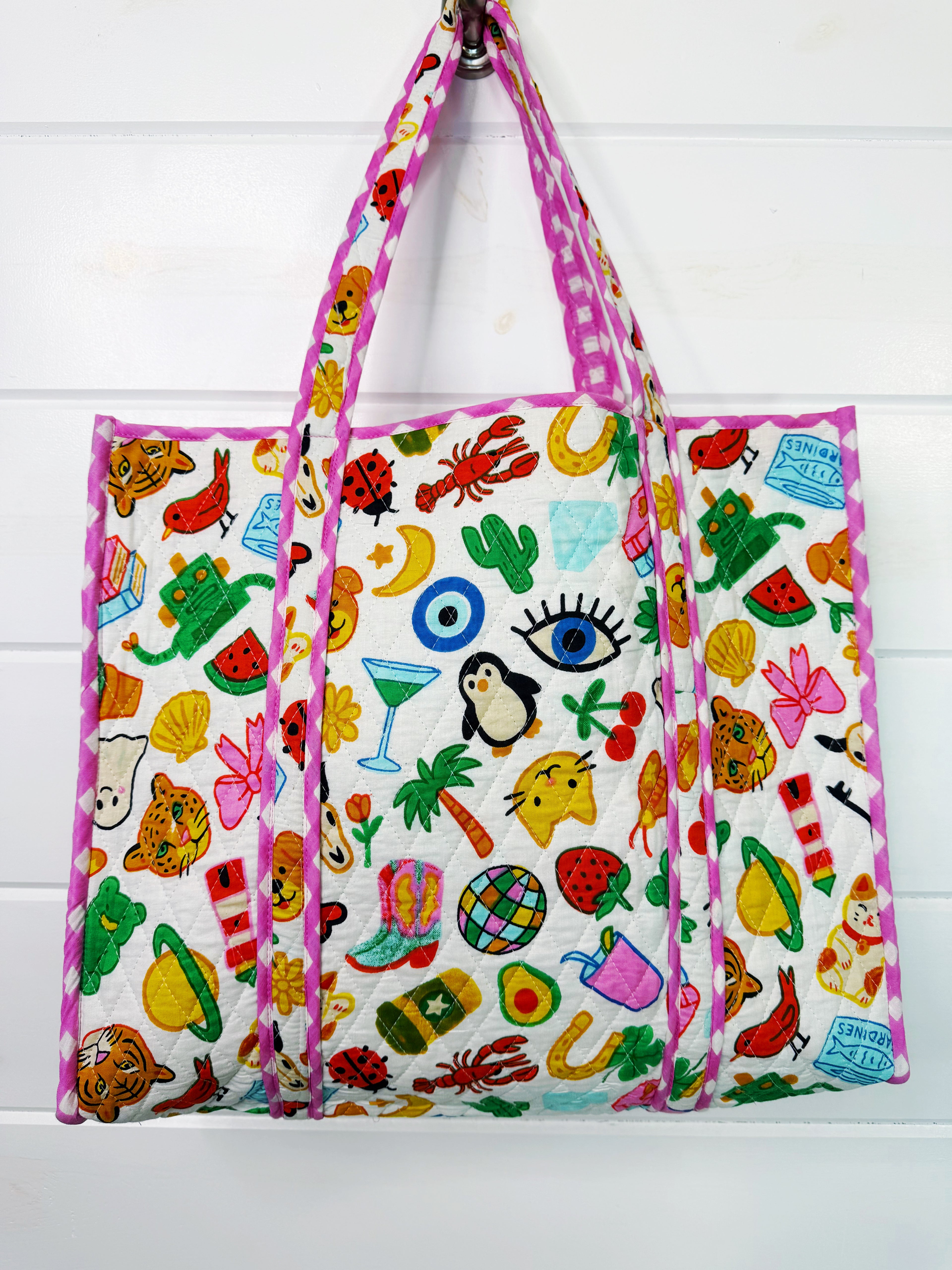 Quilted Cotton Reversible Large Tote Bag - Lucky Vibes Print White