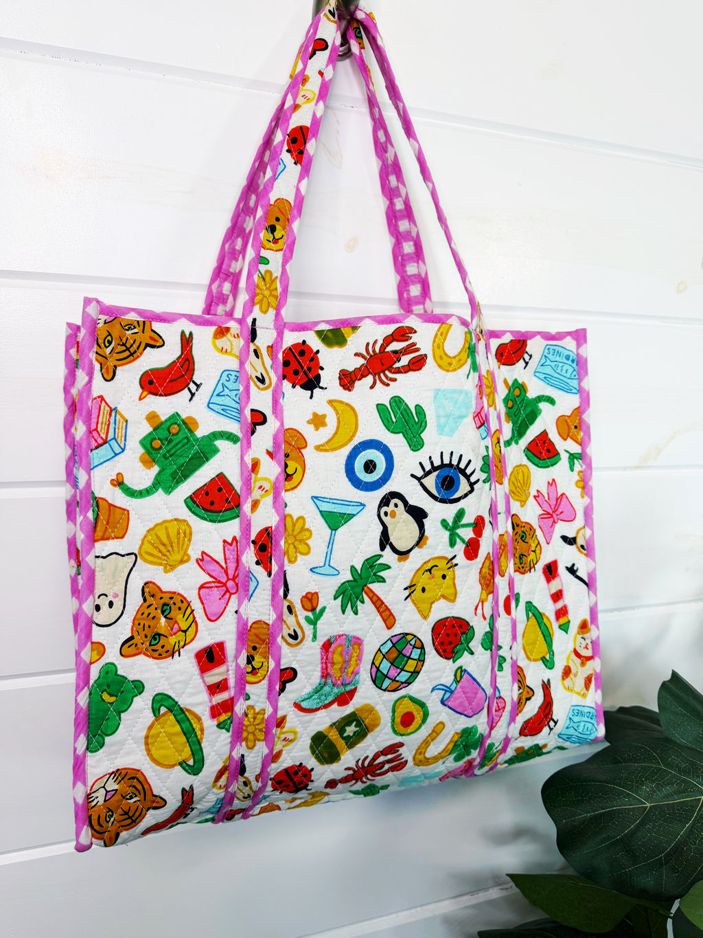Quilted Cotton Reversible Large Tote Bag - Lucky Vibes Print White