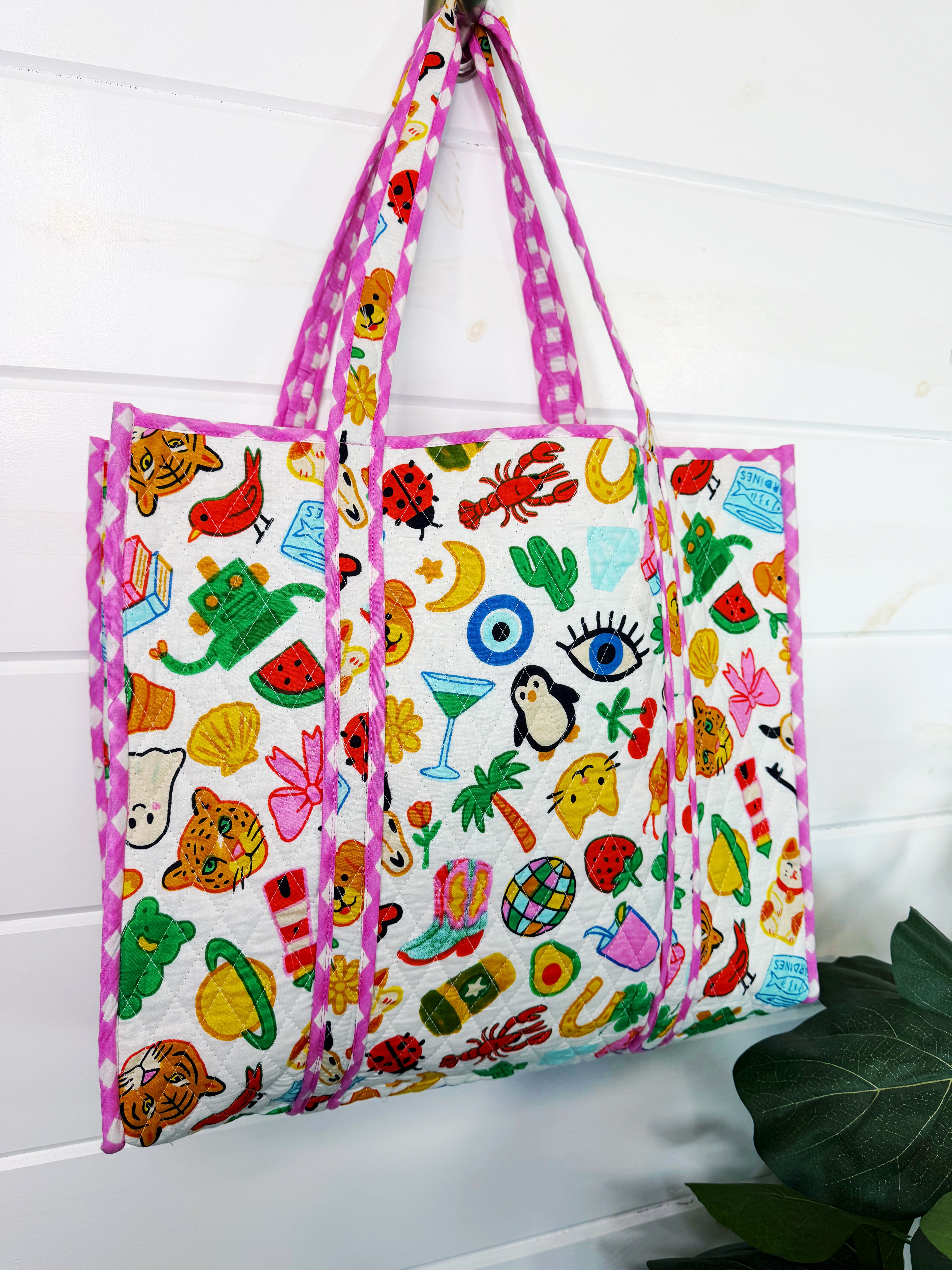 Quilted Cotton Reversible Large Tote Bag - Lucky Vibes Print White