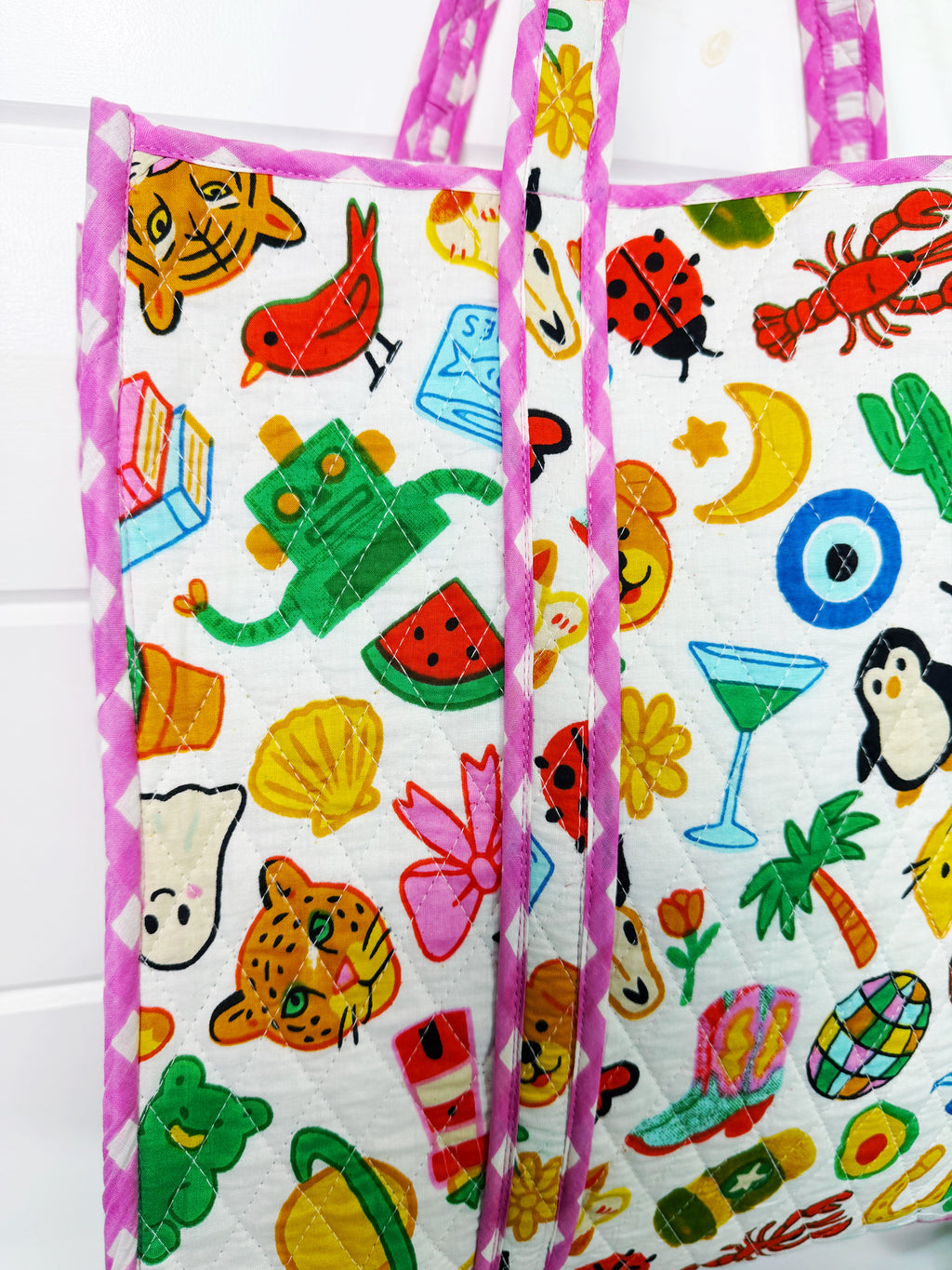 Quilted Cotton Reversible Large Tote Bag - Lucky Vibes Print White