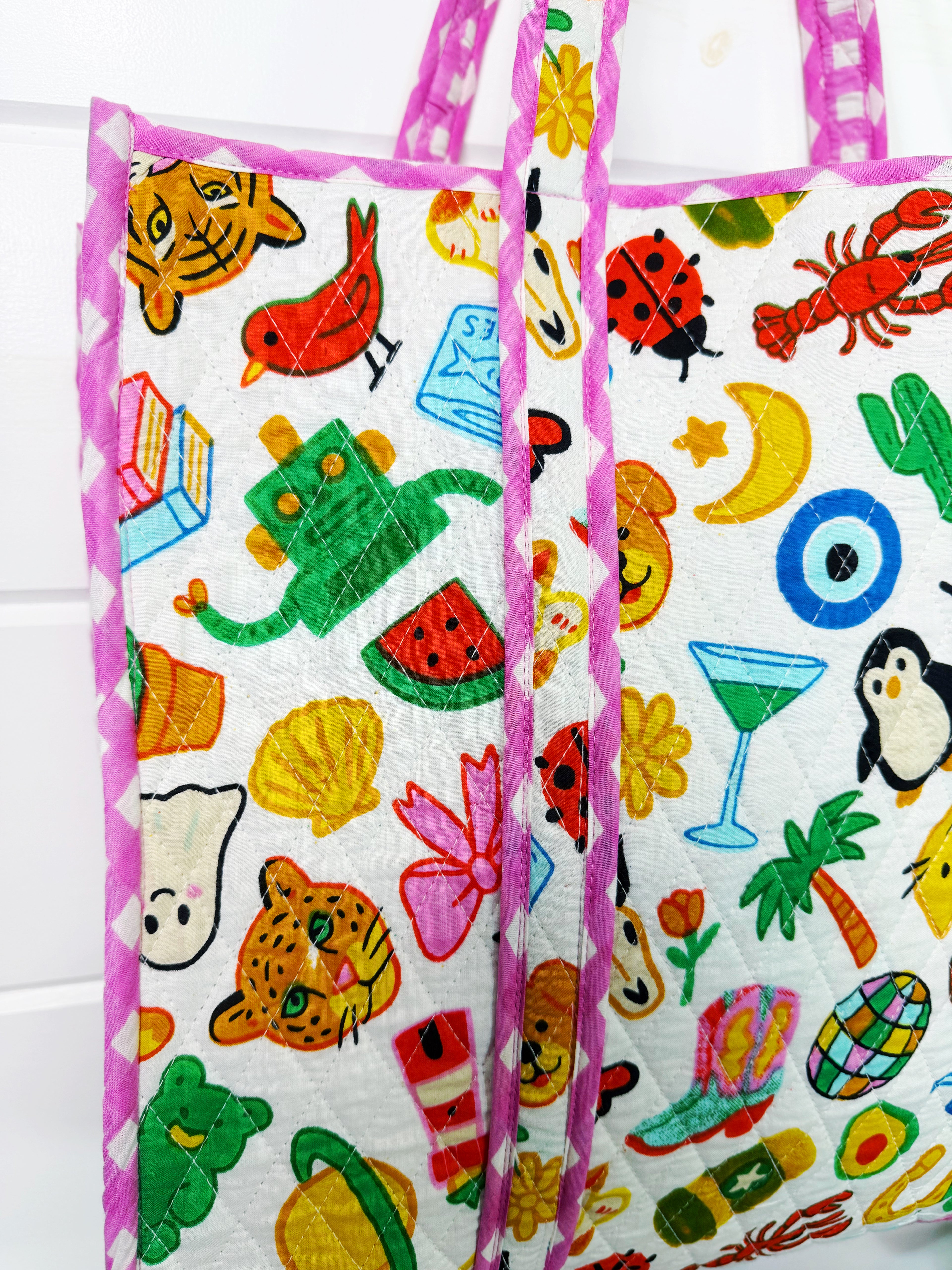 Quilted Cotton Reversible Large Tote Bag - Lucky Vibes Print White