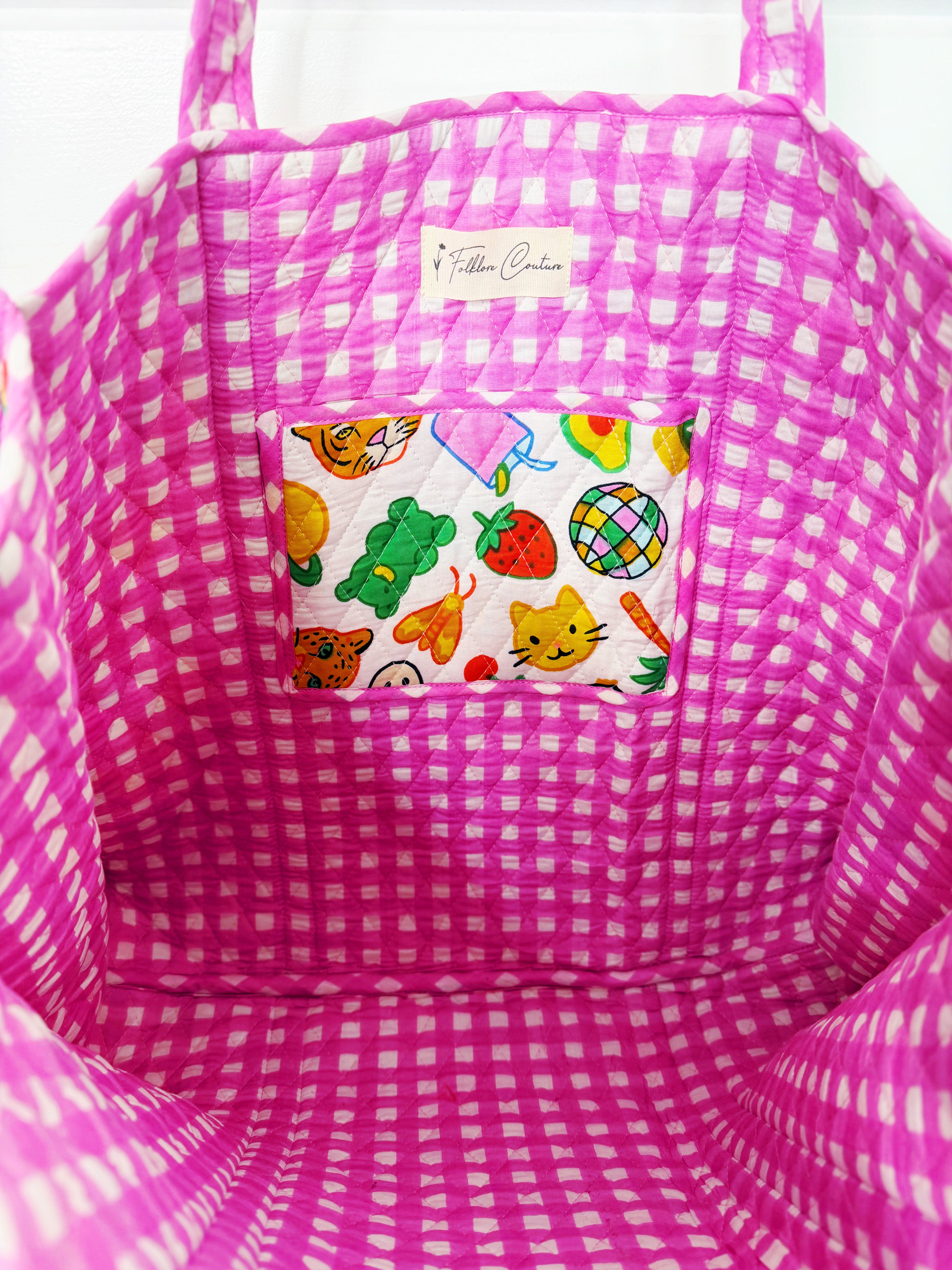 Quilted Cotton Reversible Large Tote Bag - Lucky Vibes Print White