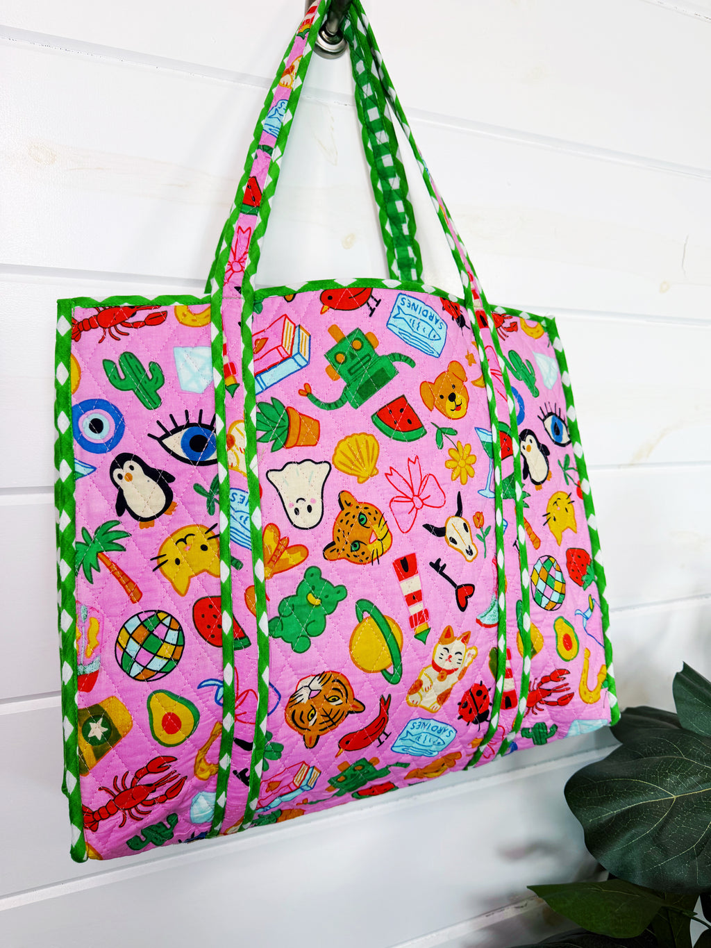 Quilted Cotton Reversible Large Tote Bag - Lucky Vibes Print Pink