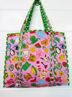 Quilted Cotton Reversible Large Tote Bag - Lucky Vibes Print Pink