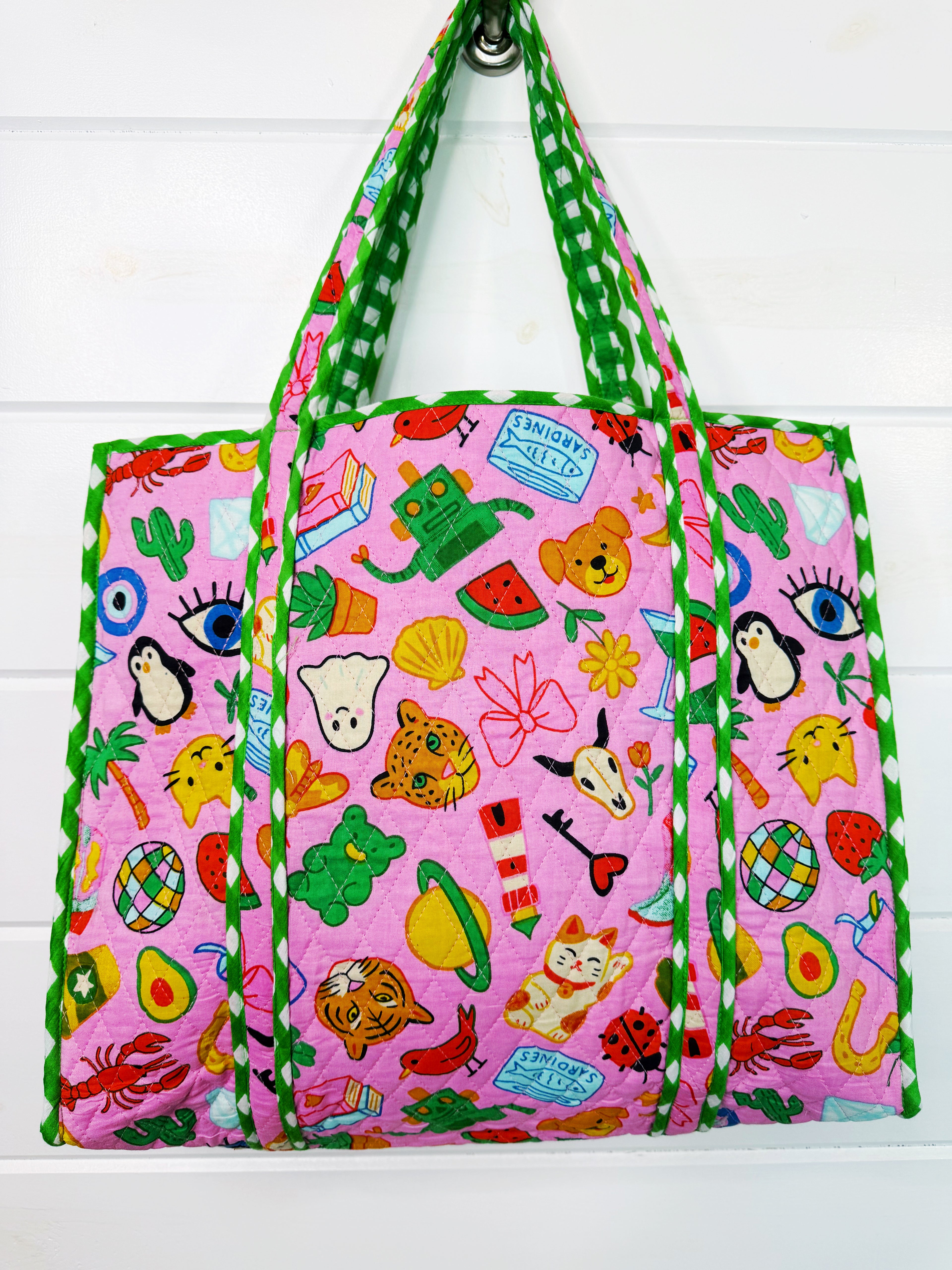 Quilted Cotton Reversible Large Tote Bag - Lucky Vibes Print Pink