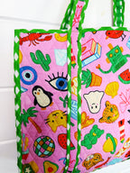 Quilted Cotton Reversible Large Tote Bag - Lucky Vibes Print Pink
