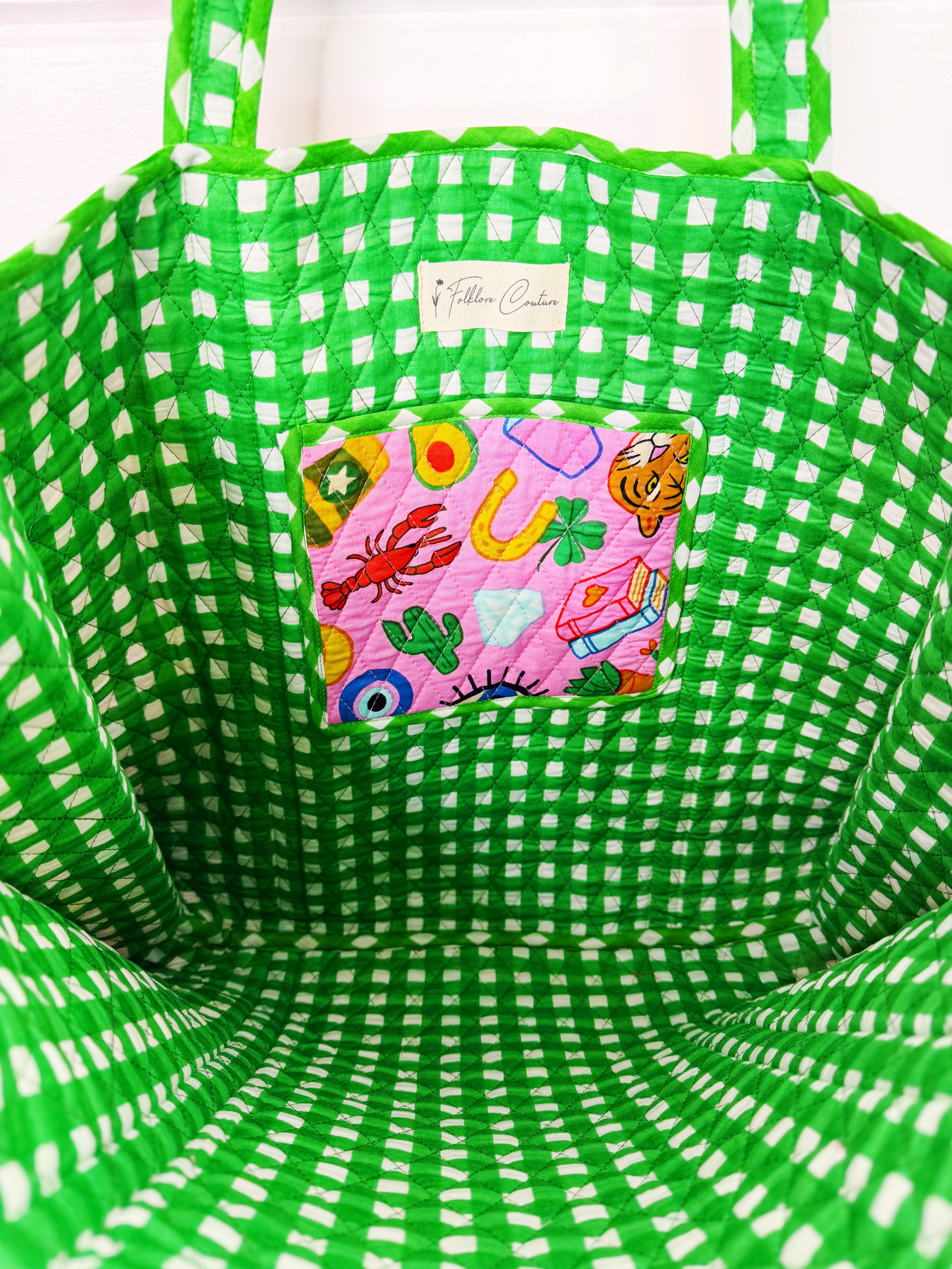 Quilted Cotton Reversible Large Tote Bag - Lucky Vibes Print Pink