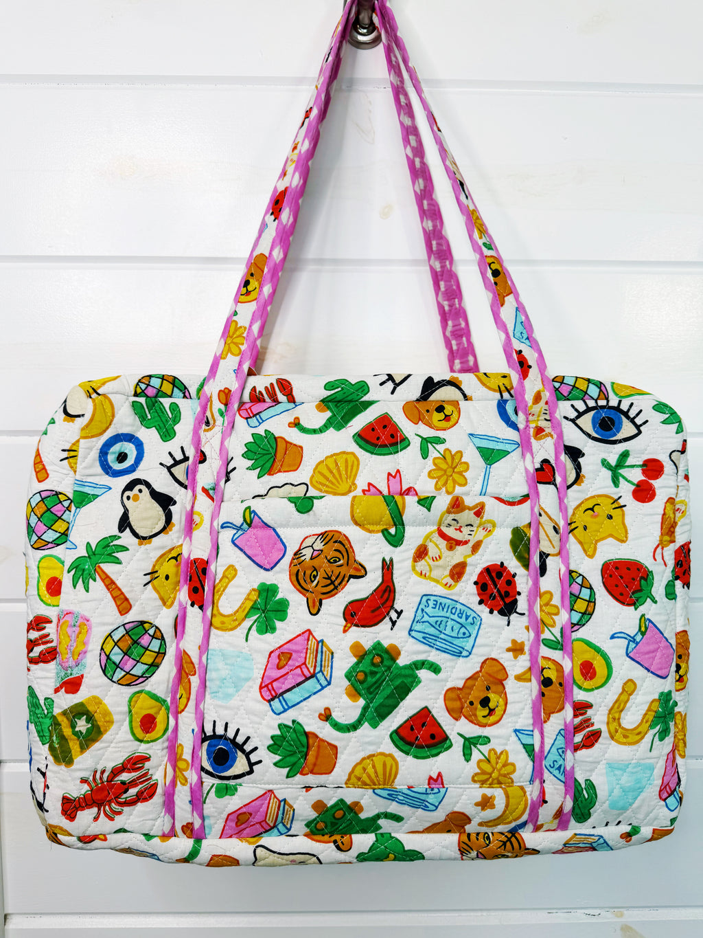 Quilted Weekender Duffle Overnight Bag - Lucky Vibes Print White