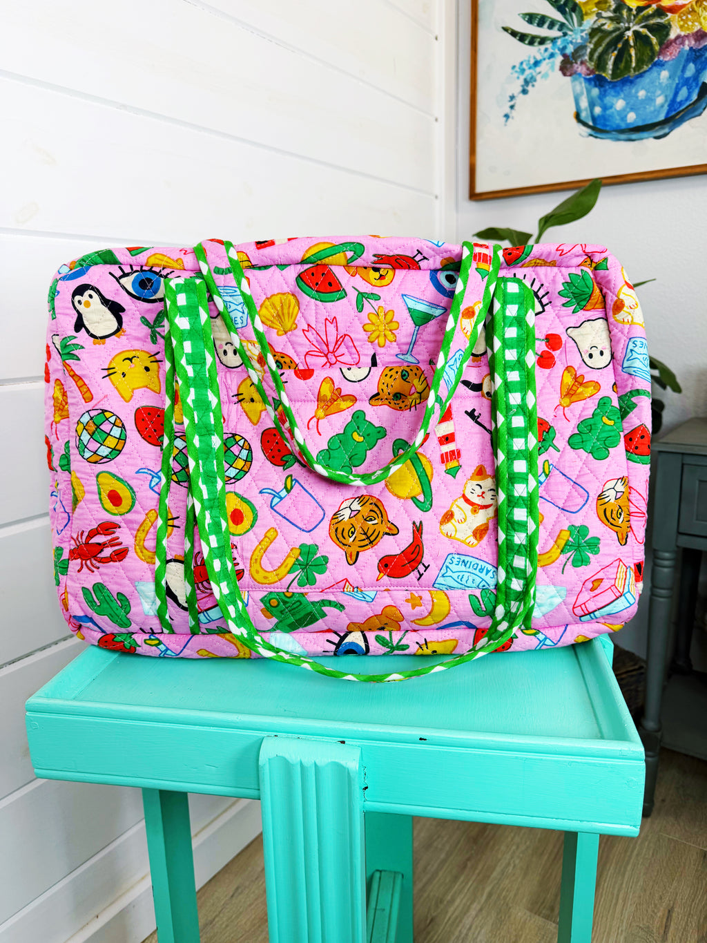 Quilted Weekender Duffle Overnight Bag - Lucky Vibes Print Pink